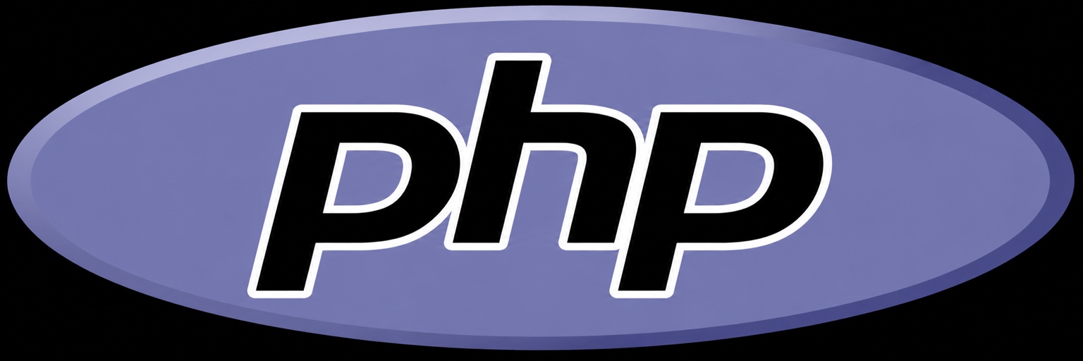 PHP logo in black lettering on a purple oval